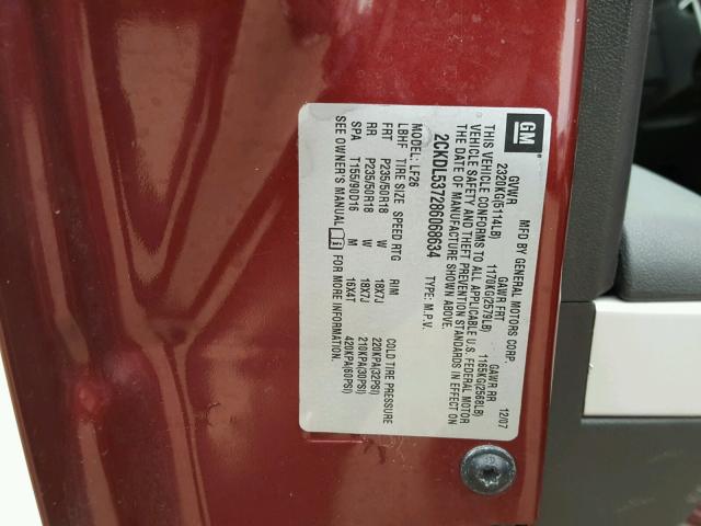 2CKDL537286068634 - 2008 PONTIAC TORRENT GX BURGUNDY photo 10