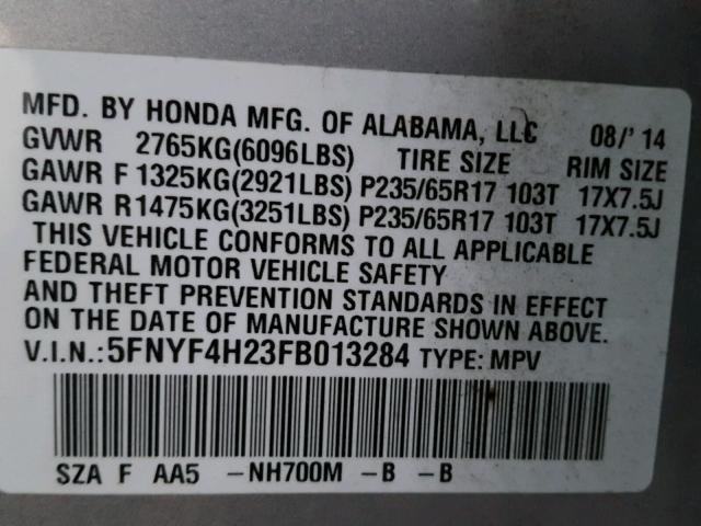 5FNYF4H23FB013284 - 2015 HONDA PILOT LX SILVER photo 10