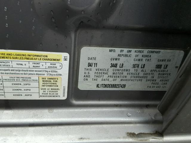 KL1TD6DE8BB237439 - 2011 CHEVROLET AVEO LS GRAY photo 10