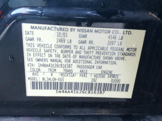 1N4BA41E26C816387 - 2006 NISSAN MAXIMA SE BLACK photo 10