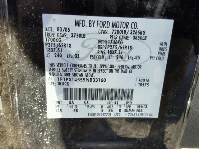 1FTPX14555NB33160 - 2005 FORD F150 BLACK photo 10