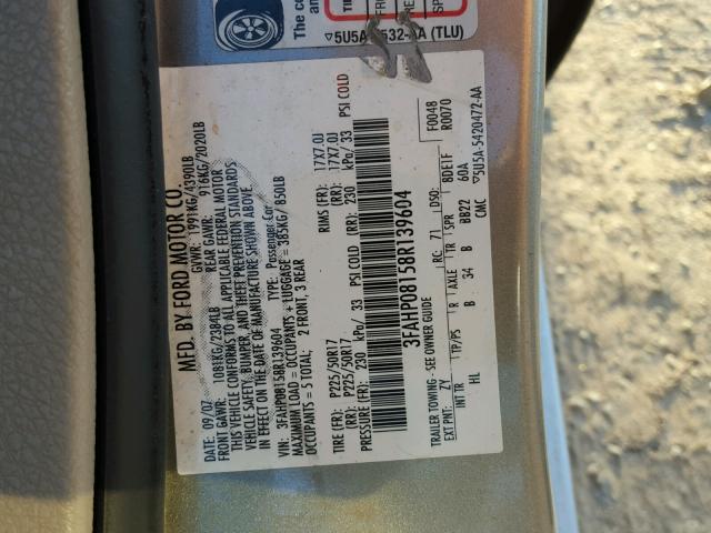 3FAHP08158R139604 - 2008 FORD FUSION SEL GRAY photo 10