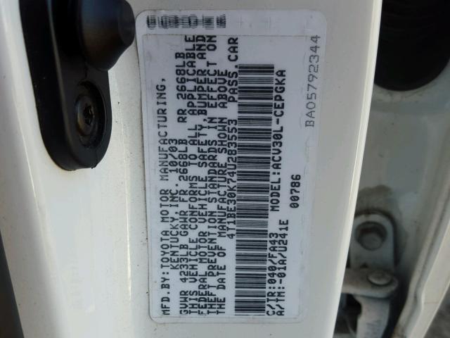 4T1BE30K74U283553 - 2004 TOYOTA CAMRY LE თეთრი ფოტო 10
