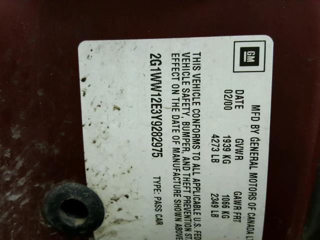 2G1WW12E3Y9282975 - 2000 CHEVROLET MONTE CARL მუქწითელი ფოტო 10