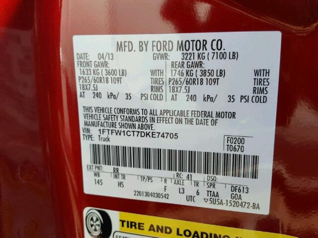 1FTFW1CT7DKE74705 - 2013 FORD F150 SUPER RED photo 10