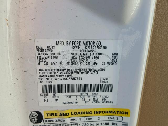 1FTFW1CT0CFB57551 - 2012 FORD F150 SUPER WHITE photo 10