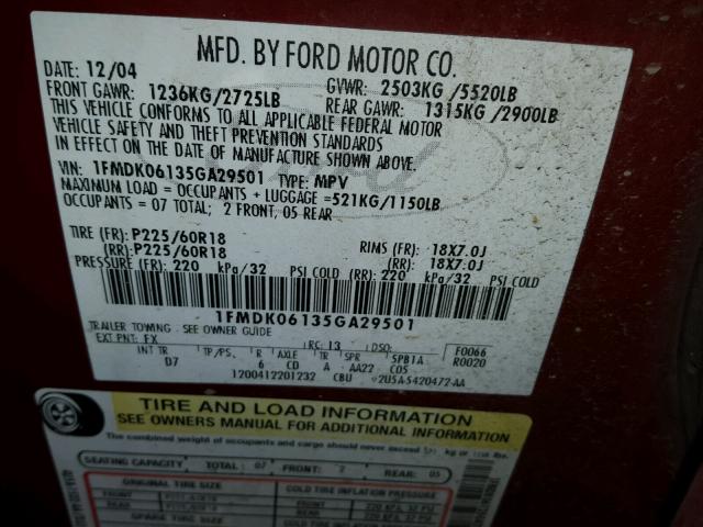 1FMDK06135GA29501 - 2005 FORD FREESTYLE RED photo 10