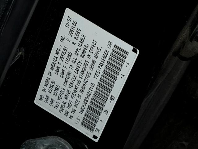 1HGCP368X8A012140 - 2008 HONDA ACCORD EXL BLACK photo 10