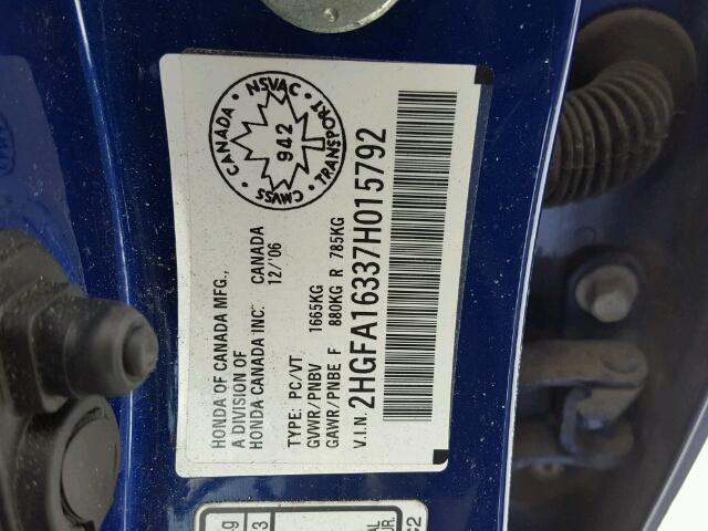 2HGFA16337H015792 - 2007 HONDA CIVIC DX BLUE photo 10