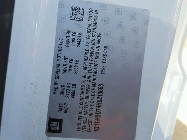 1G1FH3D74H0213663 - 2017 CHEVROLET CAMARO SS Blanco foto 10