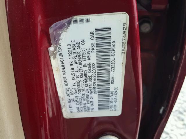 1NXBR12E92Z620933 - 2002 TOYOTA COROLLA CE RED photo 10