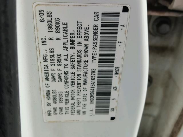 1HGCM56415A165793 - 2005 HONDA ACCORD LX WHITE photo 10