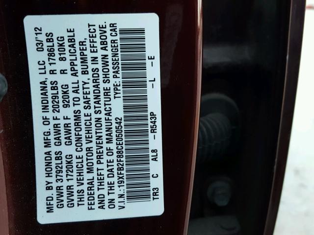 19XFB2F88CE050542 - 2012 HONDA CIVIC EX MAROON photo 10