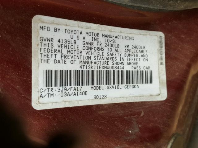 4T1SK11EXNU008444 - 1992 TOYOTA CAMRY DLX 栗色 照片 10