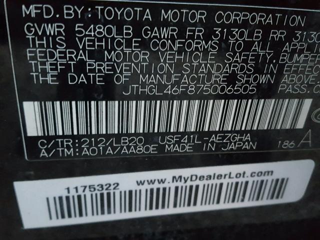 JTHGL46F875006505 - 2007 LEXUS LS 460L BLACK photo 10