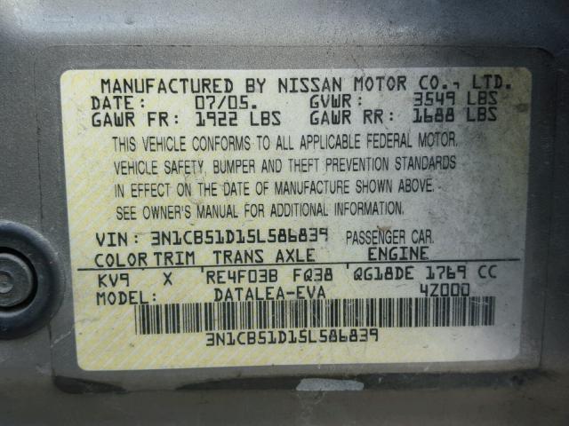 3N1CB51D15L586839 - 2005 NISSAN SENTRA 1.8 TAN photo 10