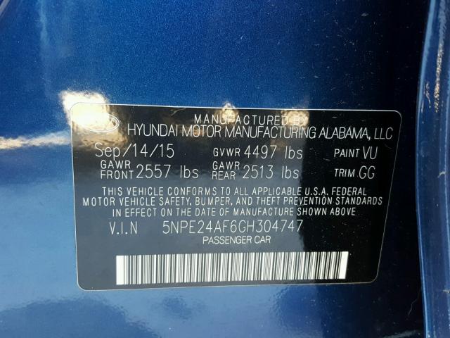 5NPE24AF6GH304747 - 2016 HYUNDAI SONATA SE BLUE photo 10