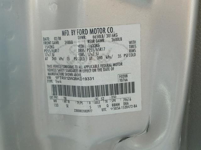 1FTRX12W28KD19331 - 2008 FORD F150 SILVER photo 10