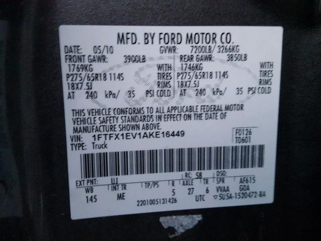 1FTFX1EV1AKE16449 - 2010 FORD F150 SUPER GRAY photo 10