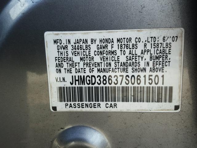 JHMGD38637S061501 - 2007 HONDA FIT S SILVER photo 10