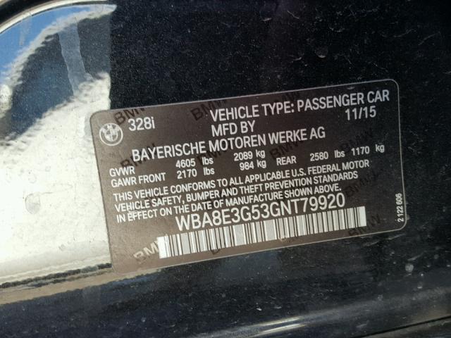 WBA8E3G53GNT79920 - 2016 BMW 328 XI SUL BLACK photo 10