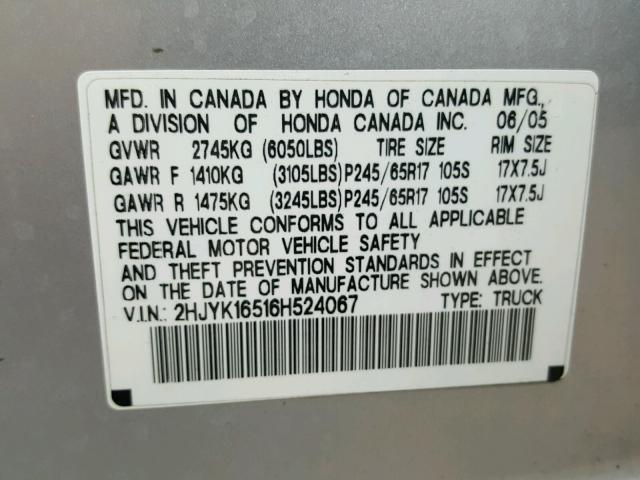 2HJYK16516H524067 - 2006 HONDA RIDGELINE SILVER photo 10