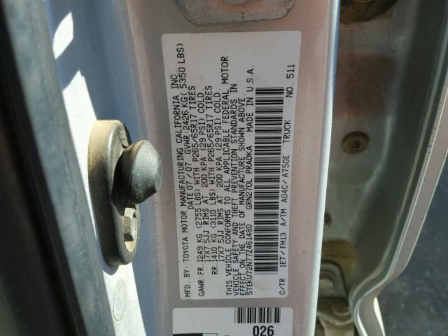 5TEKU72N77Z461480 - 2007 TOYOTA TACOMA DOU SILVER photo 10