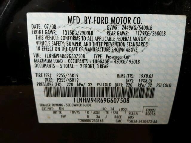 1LNHM94R69G607508 - 2009 LINCOLN MKS BLACK photo 10