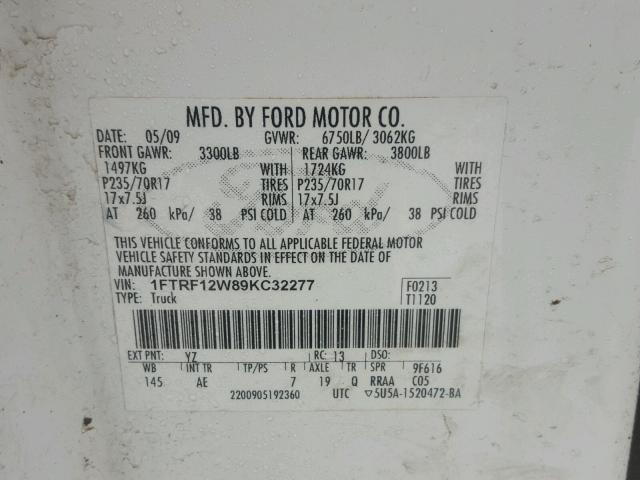 1FTRF12W89KC32277 - 2009 FORD F150 WHITE photo 10