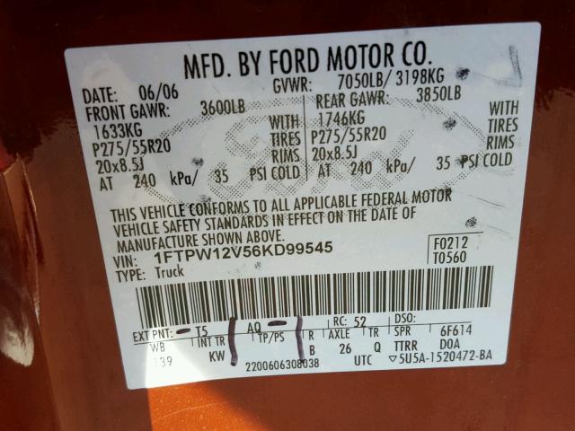 1FTPW12V56KD99545 - 2006 FORD F150 SUPER BROWN photo 10