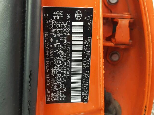 JTDKDTB32C1012218 - 2012 TOYOTA PRIUS C ORANGE photo 10