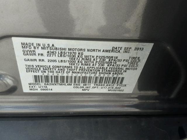 4A4AP3AU4EE008608 - 2014 MITSUBISHI OUTLANDER GRAY photo 10