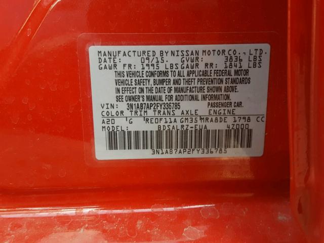 3N1AB7AP2FY336785 - 2015 NISSAN SENTRA S RED photo 10