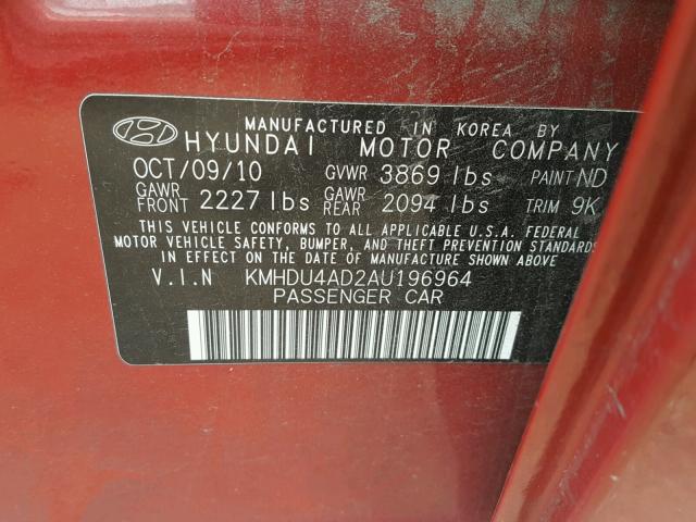 KMHDU4AD2AU196964 - 2010 HYUNDAI ELANTRA BL RED photo 10