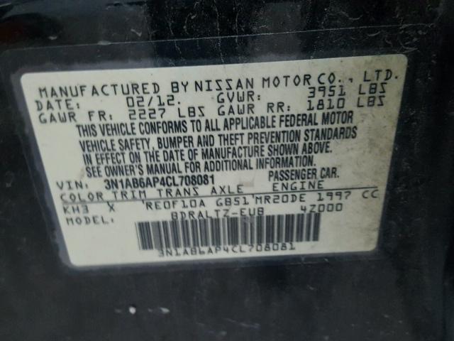 3N1AB6AP4CL708081 - 2012 NISSAN SENTRA 2.0 BLACK photo 10