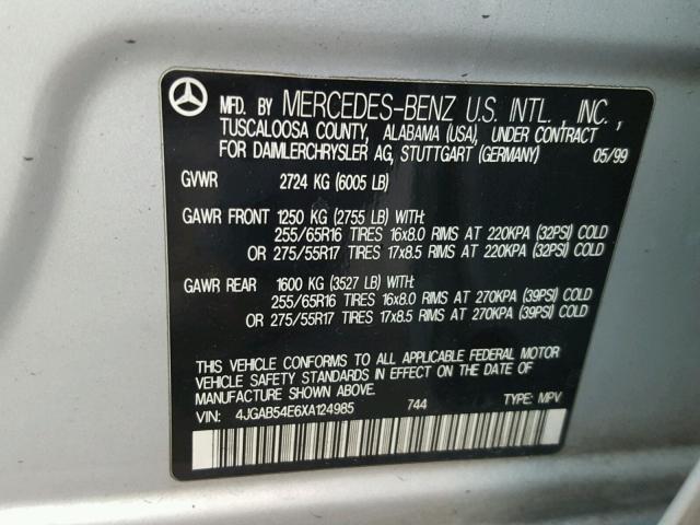 4JGAB54E6XA124985 - 1999 MERCEDES-BENZ ML 320 SILVER photo 10