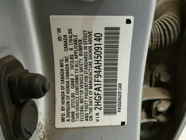 2HGFA1F94AH509140 - 2010 HONDA CIVIC EXL SILVER photo 10