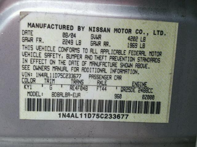 1N4AL11D75C233677 - 2005 NISSAN ALTIMA S SILVER photo 10