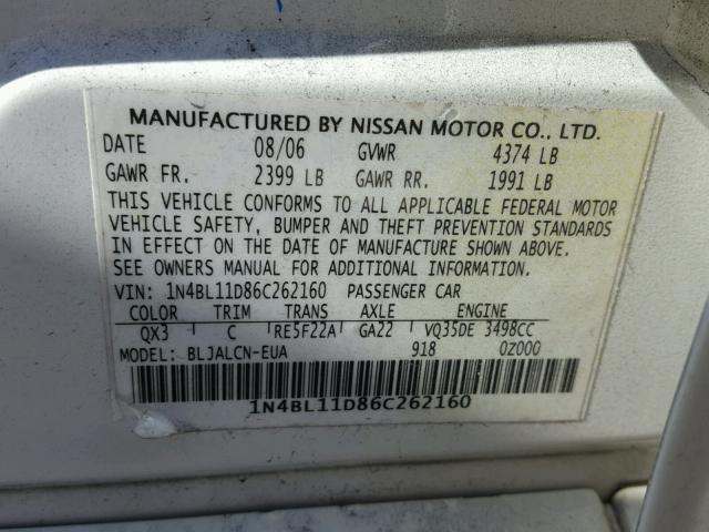 1N4BL11D86C262160 - 2006 NISSAN ALTIMA SE WHITE photo 10