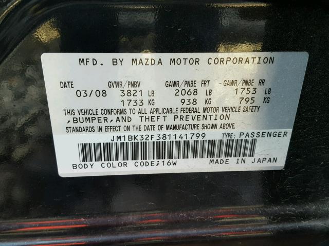 JM1BK32F381141799 - 2008 MAZDA 3 I BLACK photo 10