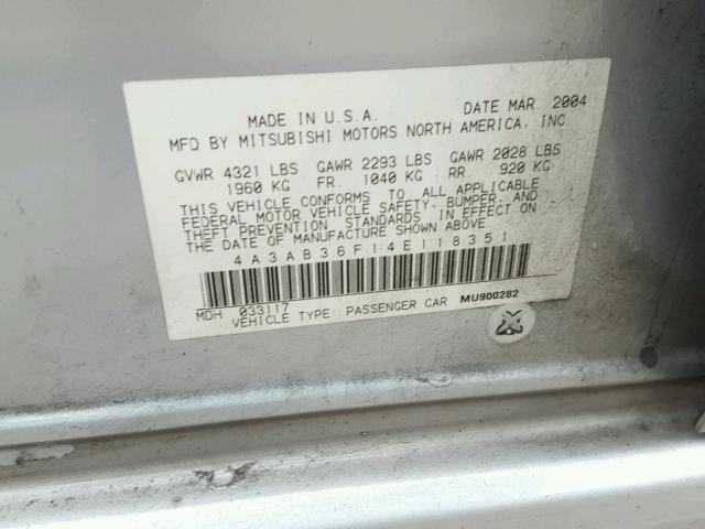 4A3AB36F14E118351 - 2004 MITSUBISHI GALANT ES SILVER photo 10