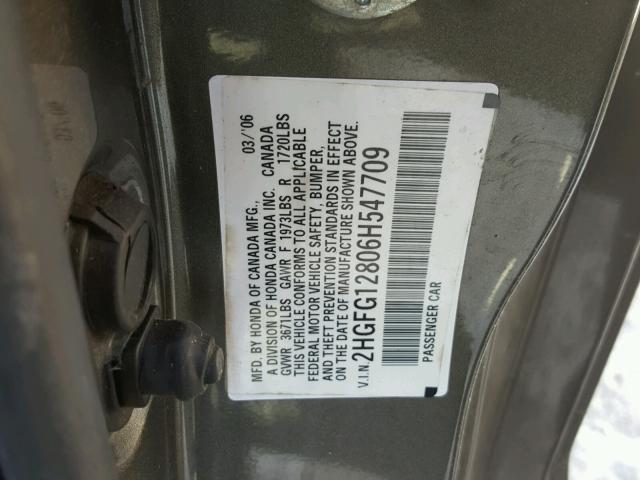 2HGFG12806H547709 - 2006 HONDA CIVIC EX ნაცრისფერი ფოტო 10