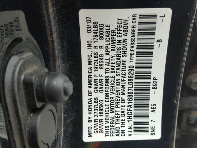 1HGFA16867L086290 - 2007 HONDA CIVIC EX BLACK photo 10