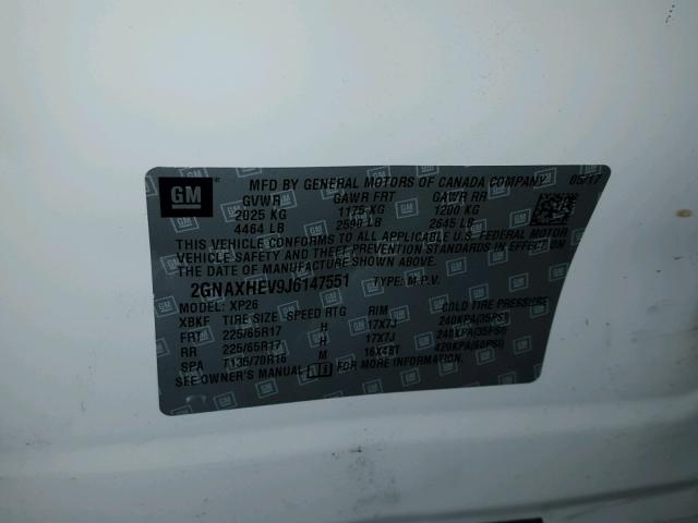 2GNAXHEV9J6147551 - 2018 CHEVROLET EQUINOX LS Ağ foto 10