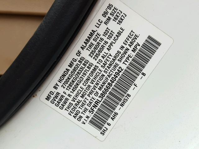 5FNRL38666B404942 - 2006 HONDA ODYSSEY EX WHITE photo 10