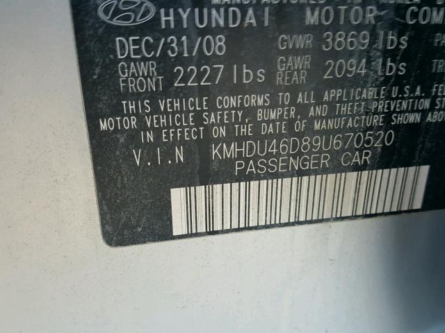 KMHDU46D89U670520 - 2009 HYUNDAI ELANTRA GL SILVER photo 10