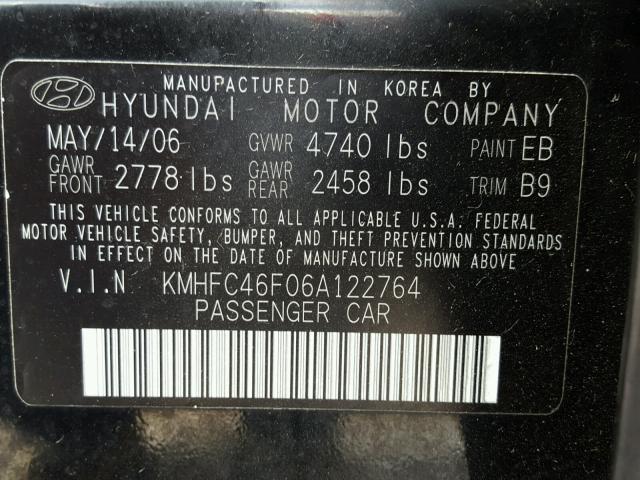 KMHFC46F06A122764 - 2006 HYUNDAI AZERA SE BLACK photo 10