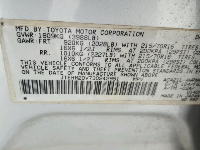 JTEHH20V730242951 - 2003 TOYOTA RAV4 SILVER photo 10