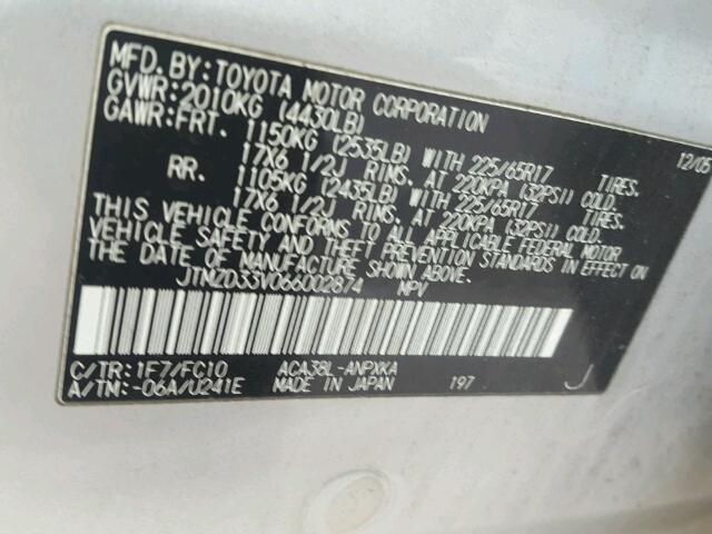 JTMZD33V066002874 - 2006 TOYOTA RAV4 SILVER photo 10