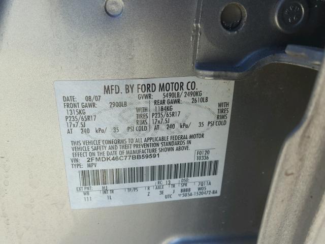 2FMDK46C77BB59591 - 2007 FORD EDGE SE SILVER photo 10